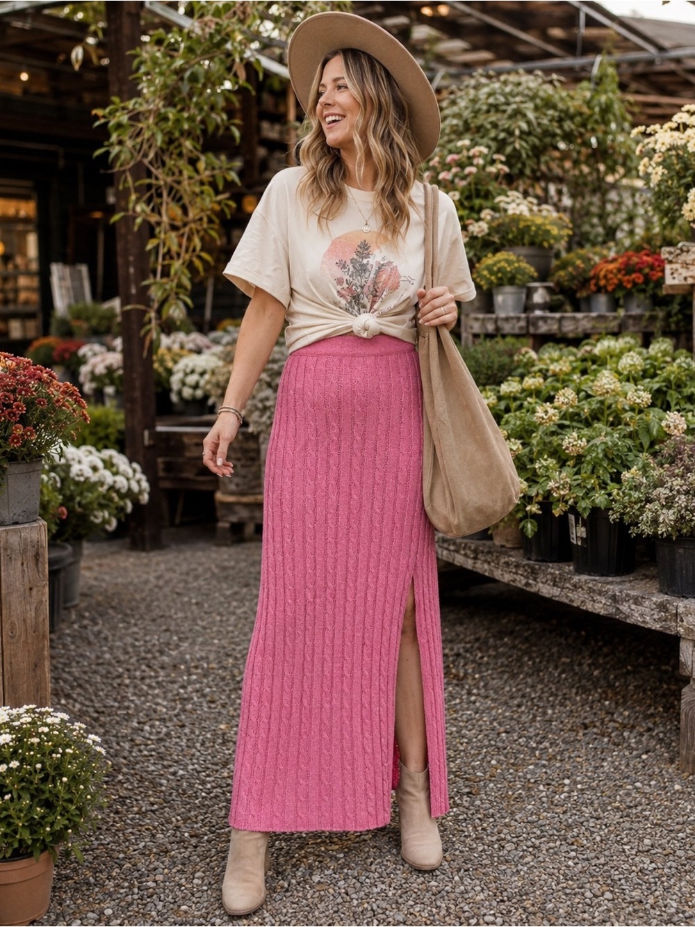 Anthropologie Current Air Los Angeles Pink Cable Knit Maxi Skirt Size Large NWT
